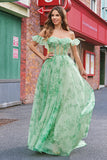 A-Line Green Floral Off The Shoulder Long Prom Dress with Slit
