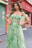 A-Line Green Floral Off The Shoulder Long Prom Dress with Slit