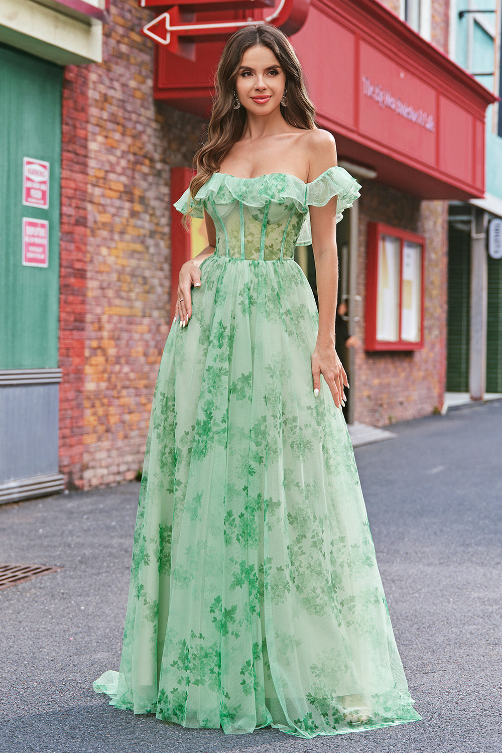 A-Line Green Floral Off The Shoulder Long Prom Dress with Slit