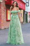 A-Line Green Floral Off The Shoulder Long Prom Dress with Slit