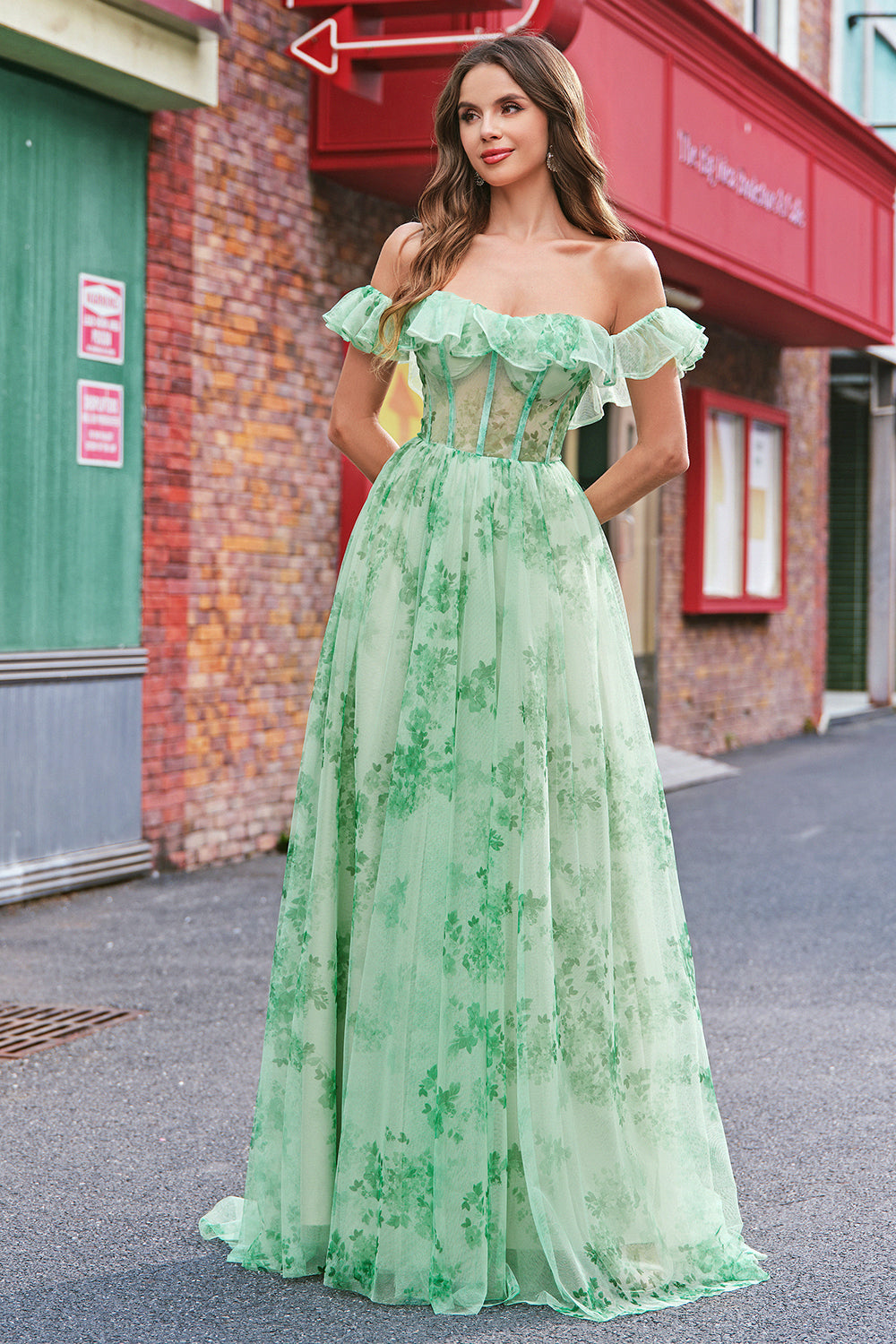 A-Line Green Floral Off The Shoulder Long Prom Dress with Slit