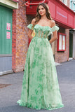 A-Line Green Floral Off The Shoulder Long Prom Dress with Slit