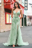 Green Mermaid Spaghetti Straps Floral Long Prom Dress with Slit