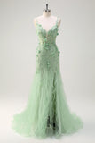 Green Mermaid Spaghetti Straps Floral Long Prom Dress with Slit