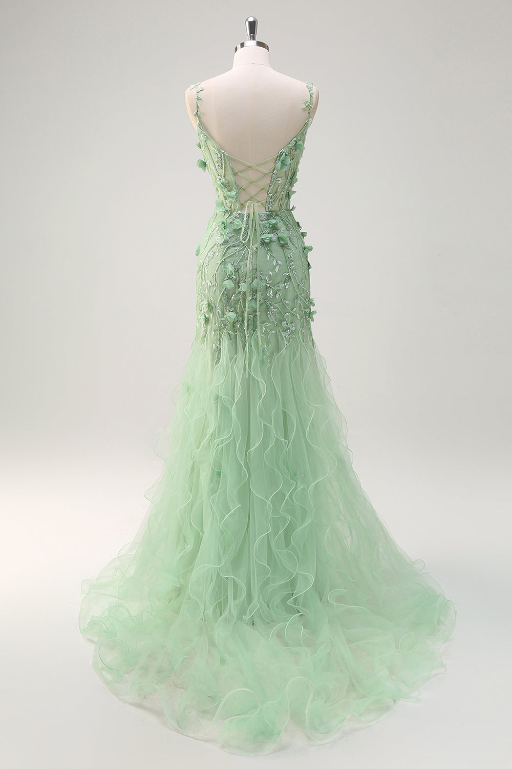 Green Mermaid Spaghetti Straps Floral Long Prom Dress with Slit