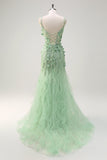 Green Mermaid Spaghetti Straps Floral Long Prom Dress with Slit