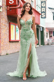 Green Mermaid Spaghetti Straps Floral Long Prom Dress with Slit