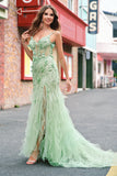 Green Mermaid Spaghetti Straps Floral Long Prom Dress with Slit