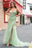 Green Mermaid Spaghetti Straps Floral Long Prom Dress with Slit