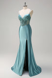 Grey Green Mermaid Sequined Spaghetti Straps Corset Long Prom Dress with Slit