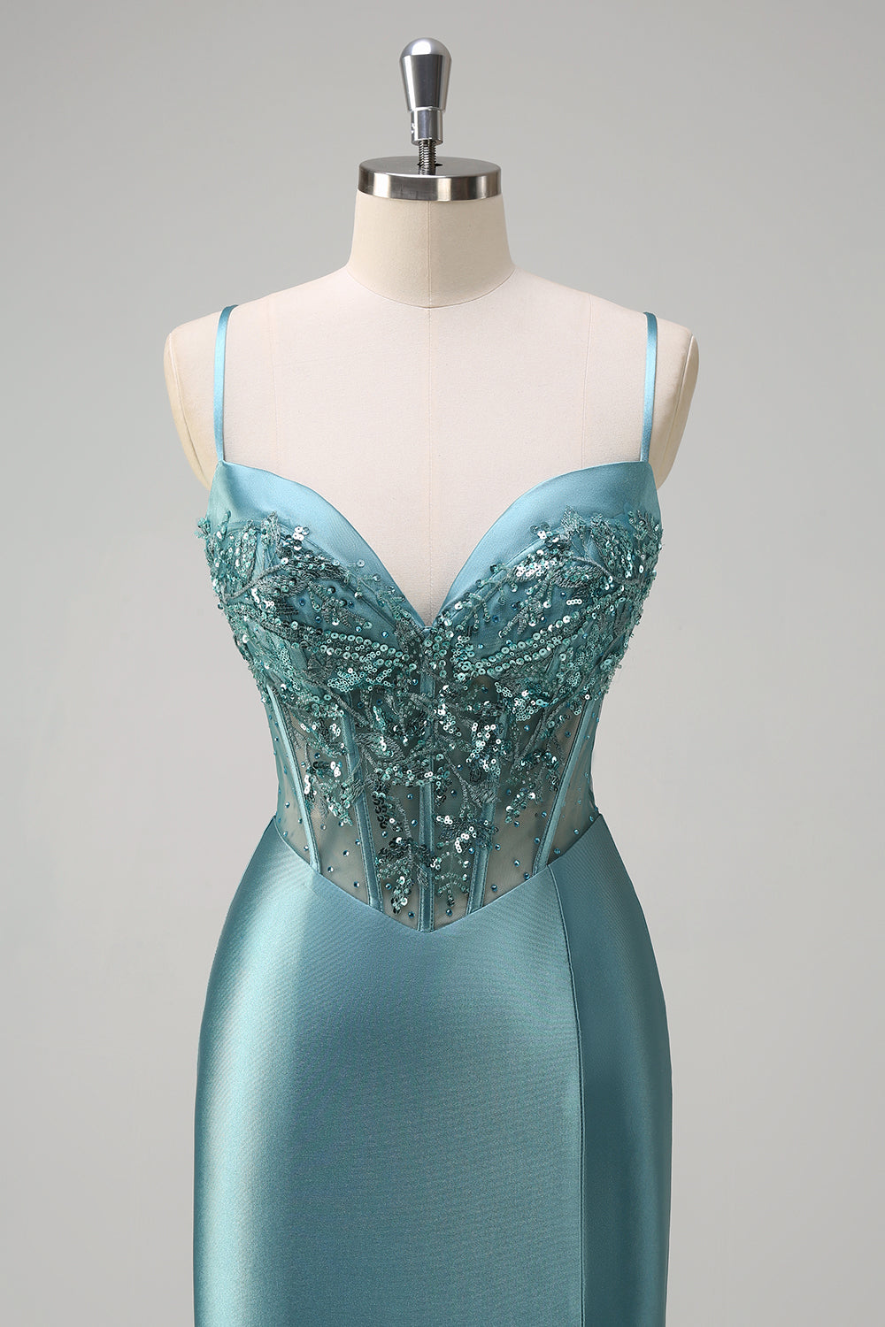 Grey Green Mermaid Sequined Spaghetti Straps Corset Long Prom Dress with Slit