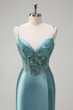 Grey Green Mermaid Sequined Spaghetti Straps Corset Long Prom Dress with Slit