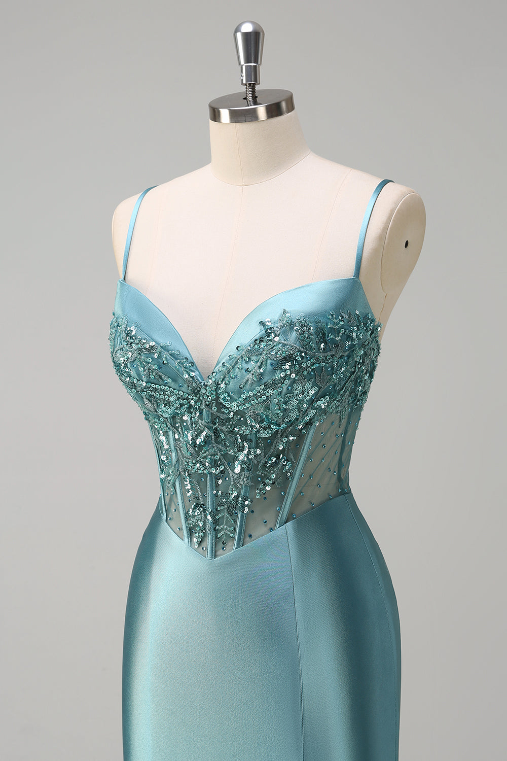 Grey Green Mermaid Sequined Spaghetti Straps Corset Long Prom Dress with Slit