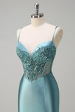 Grey Green Mermaid Sequined Spaghetti Straps Corset Long Prom Dress with Slit