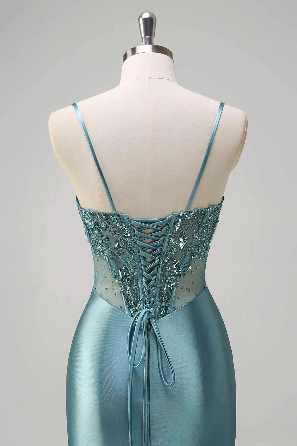 Grey Green Mermaid Sequined Spaghetti Straps Corset Long Prom Dress with Slit