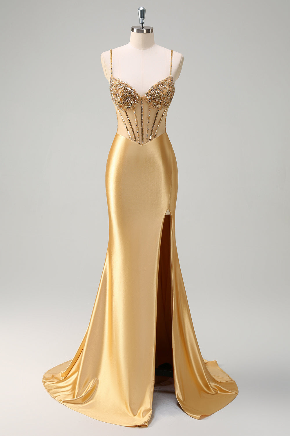 Golden Mermaid Sequined Spaghetti Straps Long Prom Dress with Slit