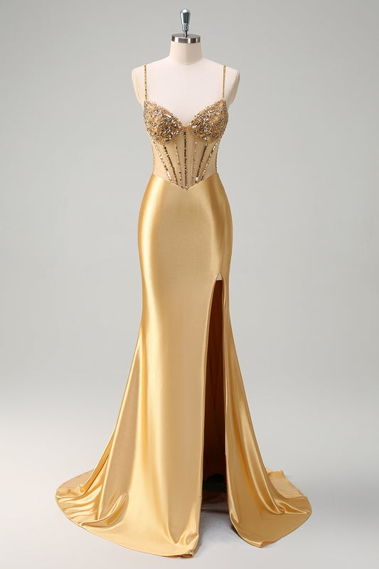 Golden Mermaid Sequined Spaghetti Straps Long Prom Dress with Slit