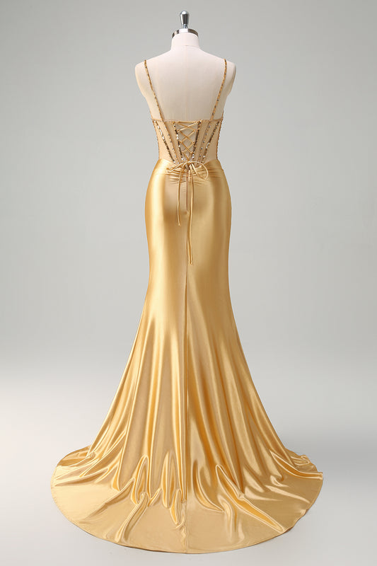 Golden Mermaid Sequined Spaghetti Straps Long Prom Dress with Slit