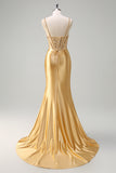 Golden Mermaid Sequined Spaghetti Straps Long Prom Dress with Slit