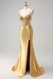 Golden Mermaid Sequined Spaghetti Straps Long Prom Dress with Slit