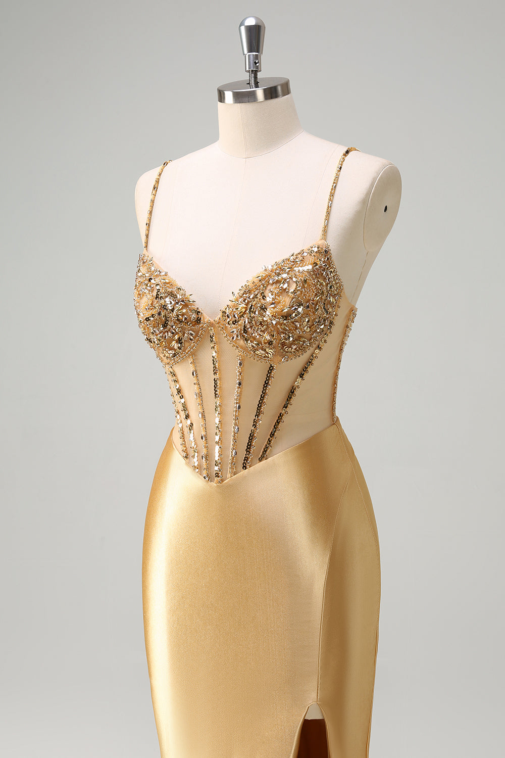 Golden Mermaid Sequined Spaghetti Straps Long Prom Dress with Slit