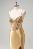 Golden Mermaid Sequined Spaghetti Straps Long Prom Dress with Slit