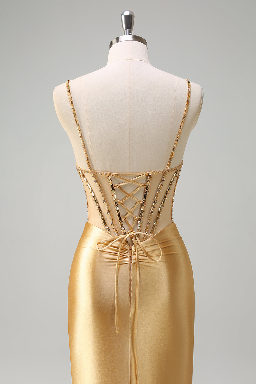 Golden Mermaid Sequined Spaghetti Straps Long Prom Dress with Slit