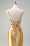 Golden Mermaid Sequined Spaghetti Straps Long Prom Dress with Slit