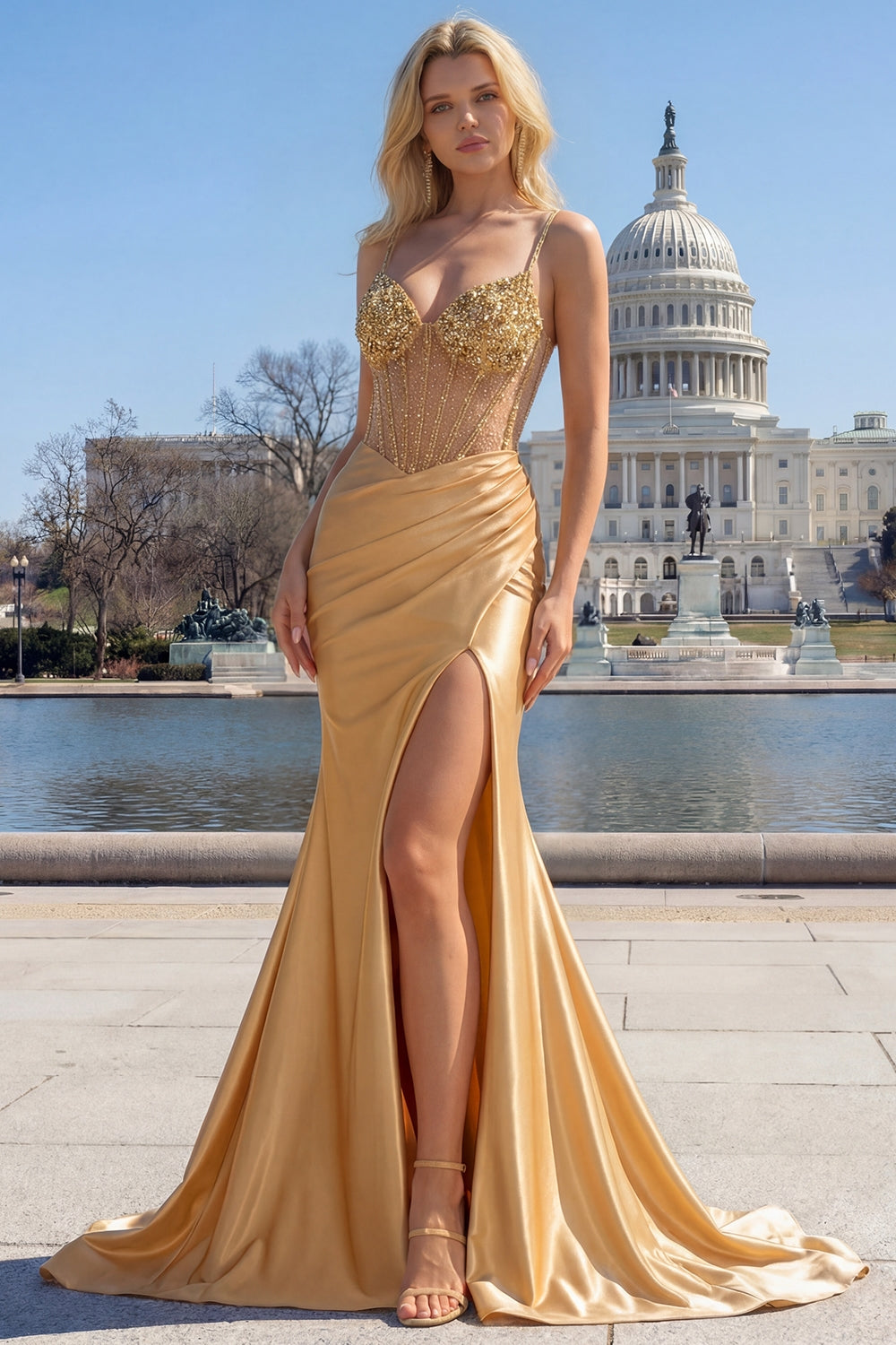 Golden Mermaid Sequined Spaghetti Straps Long Prom Dress with Slit