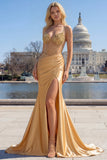 Golden Mermaid Sequined Spaghetti Straps Long Prom Dress with Slit