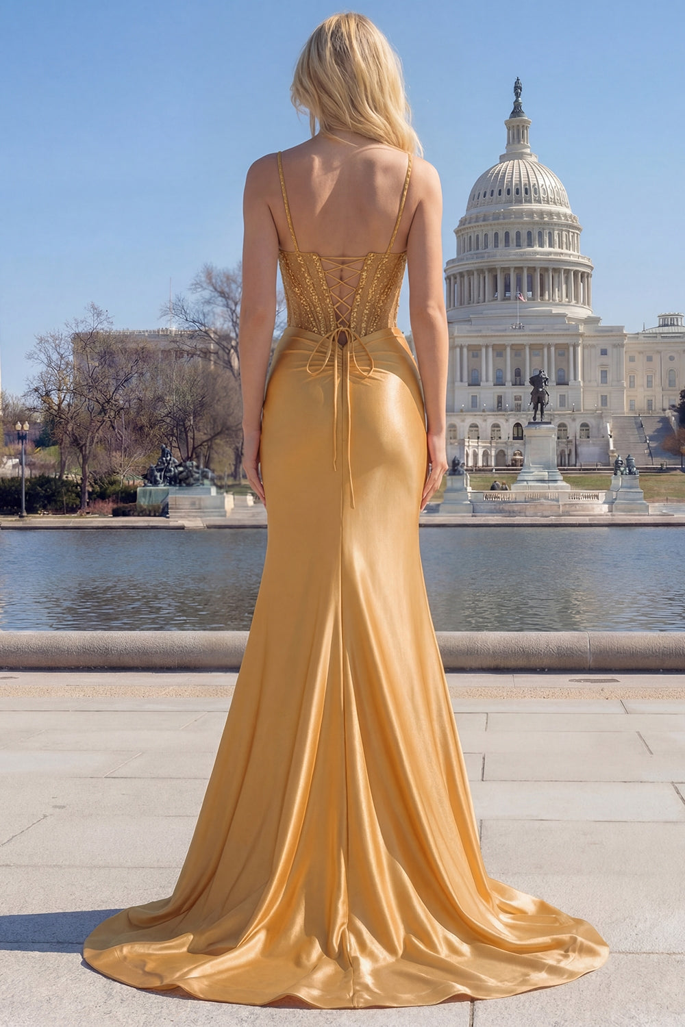 Golden Mermaid Sequined Spaghetti Straps Long Prom Dress with Slit