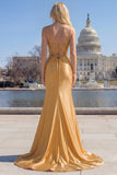 Golden Mermaid Sequined Spaghetti Straps Long Prom Dress with Slit