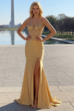 Golden Mermaid Sequined Spaghetti Straps Long Prom Dress with Slit