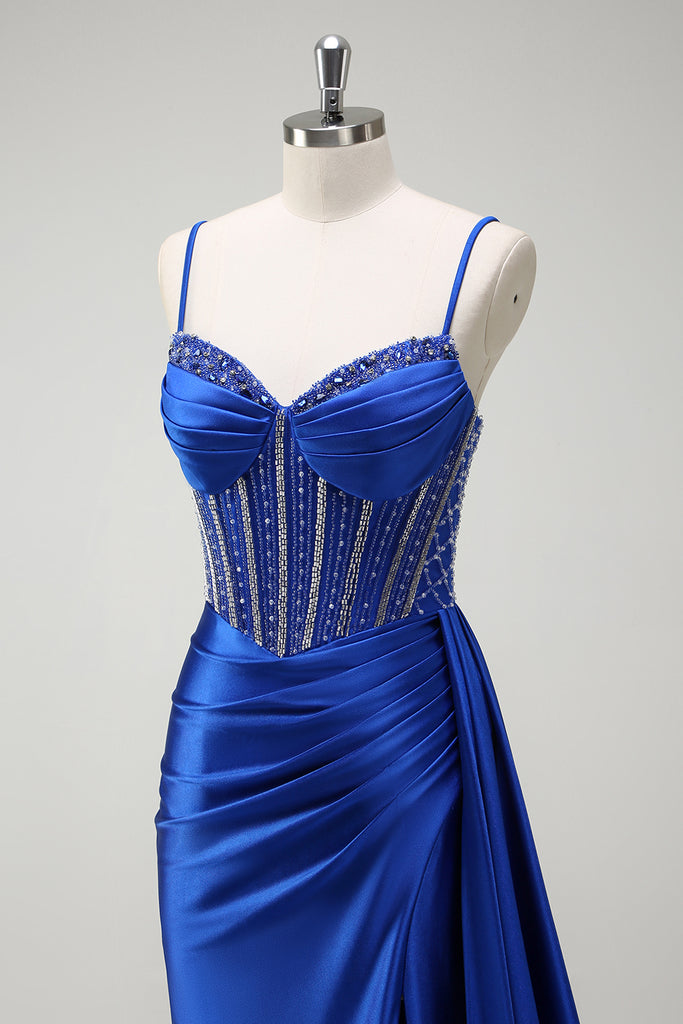 Royal Blue Mermaid Spaghetti Straps Long Ball Dress With Slit main image 1