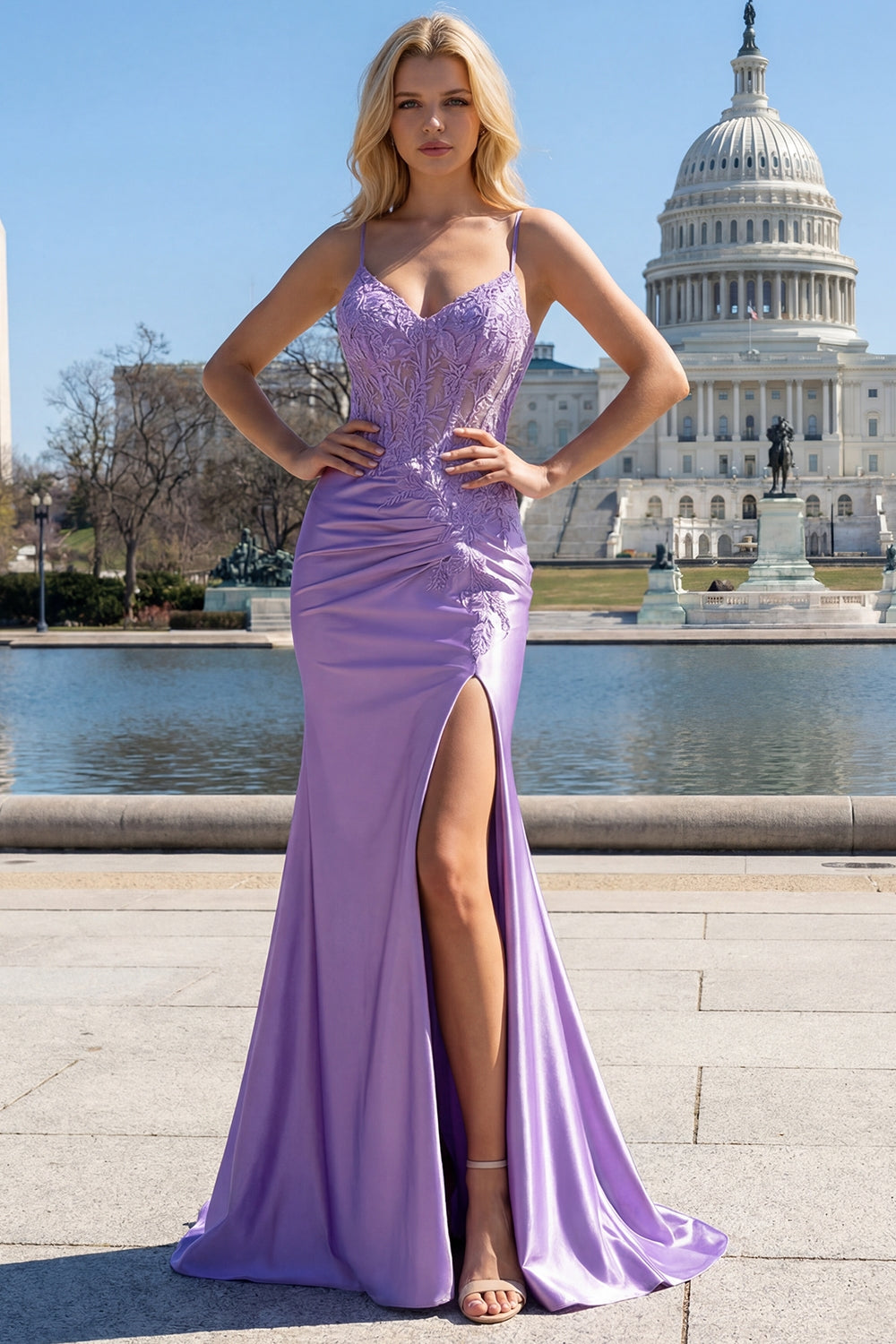 ZAPAKASA Women Lilac Floral Mermaid Corset Long Prom Dress with Slit Spaghetti straps Evening Dress ZAPAKASA Women Lilac Floral Mermaid Corset Long Prom Dress with Slit Spaghetti straps Evening Dress