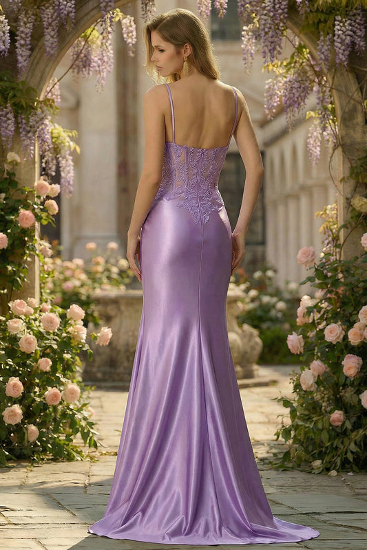 Lilac Floral Mermaid Long Corset Prom Dress with Slit