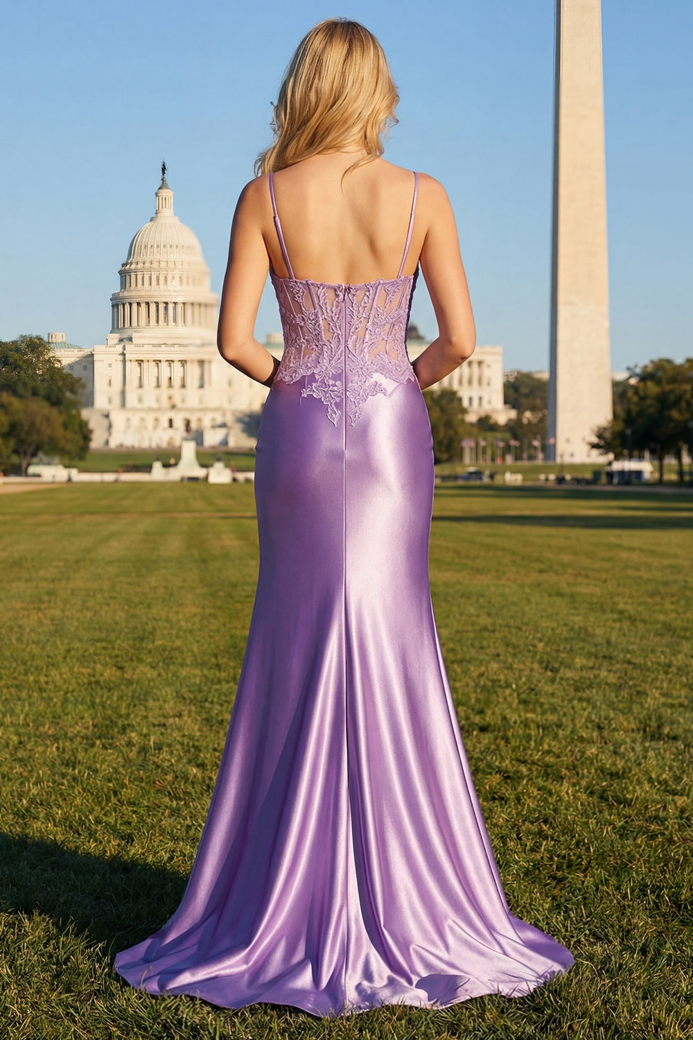 lilac silk prom dress A-line Spaghetti Straps Lilac Prom Dress Thigh Split Satin Evening Gow SELINADRESS