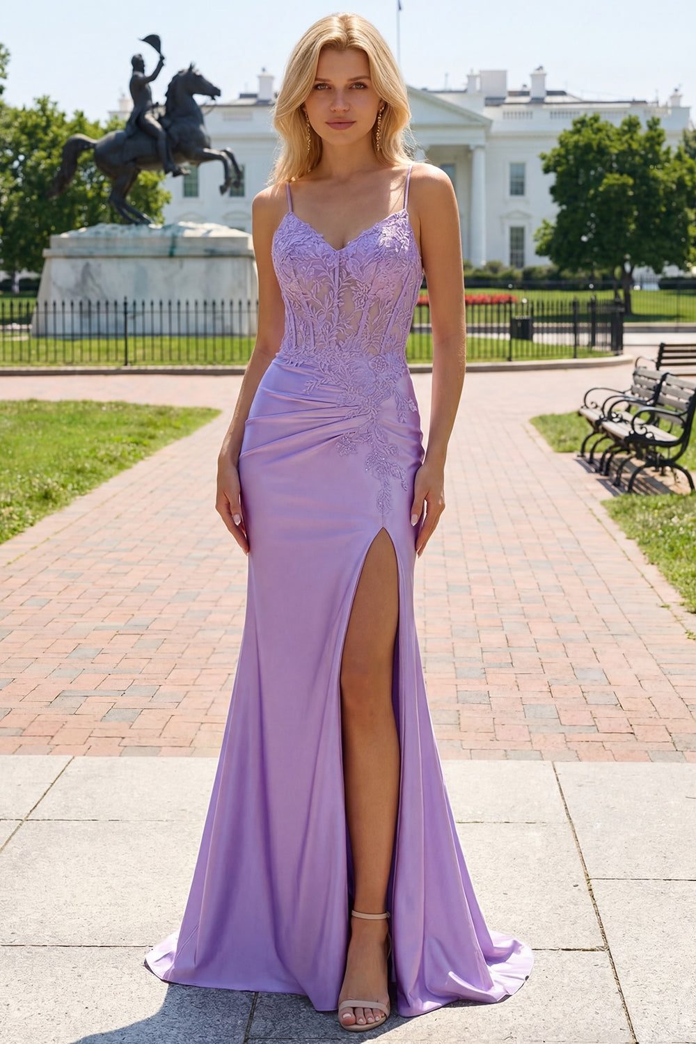 Lilac Floral Mermaid Corset Long Prom Dress with Slit