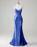 Lilac Floral Mermaid Corset Long Prom Dress with Slit