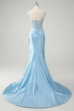 Blue Floral Mermaid Spaghetti Straps Long Prom Dress