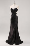 Sparkly Beaded Black Sweetheart Satin Prom Dress with Slit