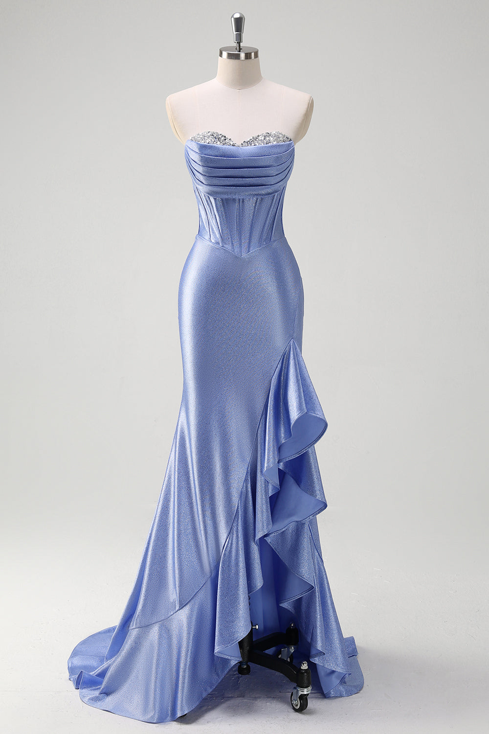 Sparkly Grey Blue Mermaid Ruffles Prom Dress Sweetheart Corset Formal Dress with Slit