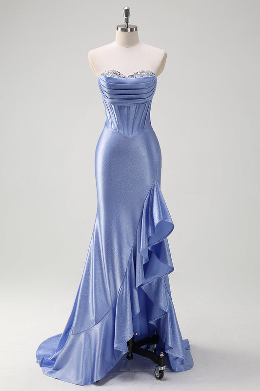 Sparkly Grey Blue Mermaid Ruffles Prom Dress Sweetheart Corset Formal Dress with Slit