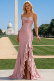 Sparkly Pink Sweetheart Mermaid Long Prom Dress with Ruffles