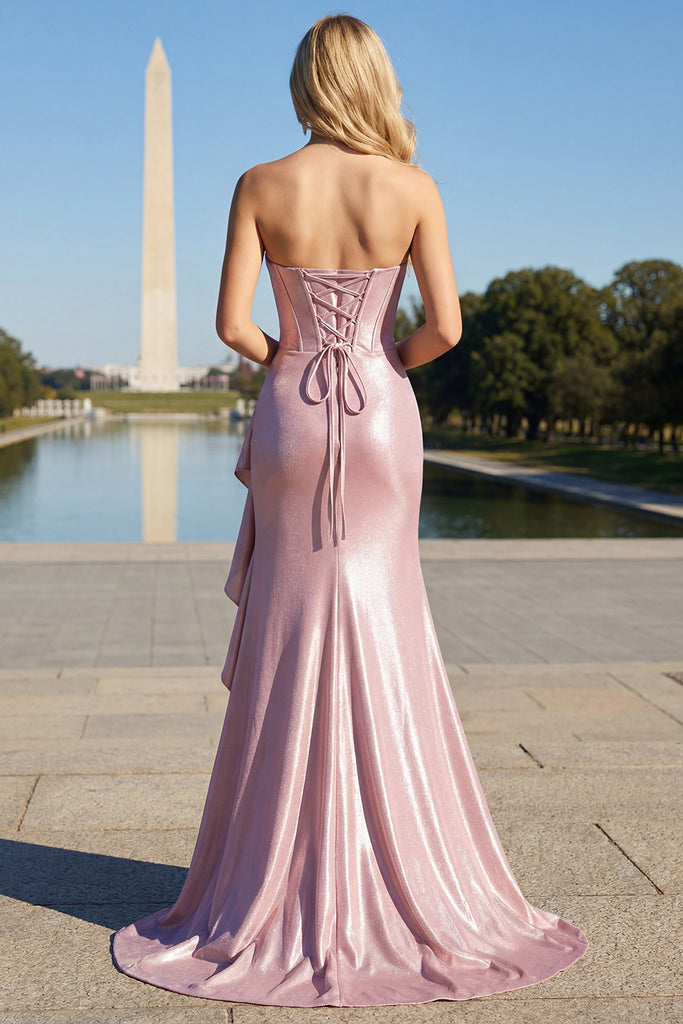 Fabulous Long Pink Mermaid Sleeveless Pearls Prom Dress With Ruffles main image 1