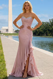 Sparkly Pink Sweetheart Mermaid Long Prom Dress with Ruffles