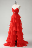 Orange Sweetheart Ruffled Long Prom Dress with Slit
