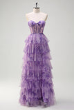 Lilac Floral A-Line Off The Shoulder Tiered Long Prom Dress