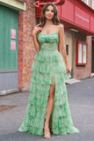 Green Floral A-Line Chiffon Tulle Long Prom Dress with Slit