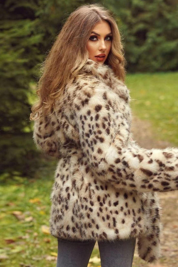 Zapakasa Women Fluffy White Leopard Faux Fur Coat with Belt